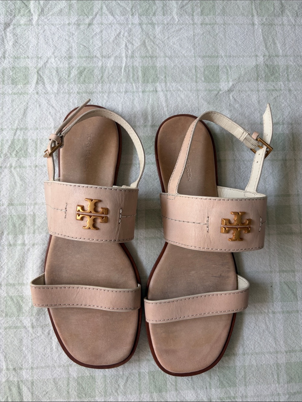 Tory Burch Blush Leather Gold-Logo Strap Sandals
